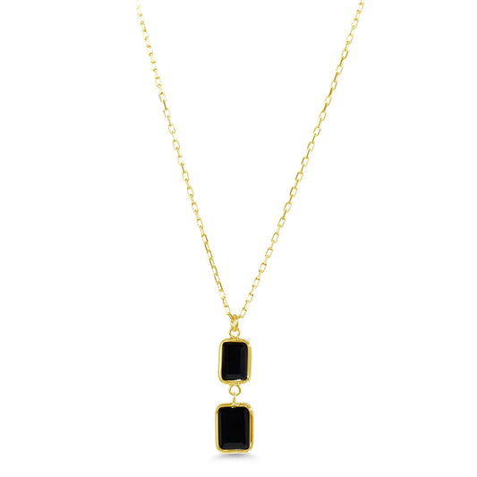 14k Yellow Gold Black Onyx 2 Rectangle Bezel Pendant Necklace 17" Jewelmak Shop