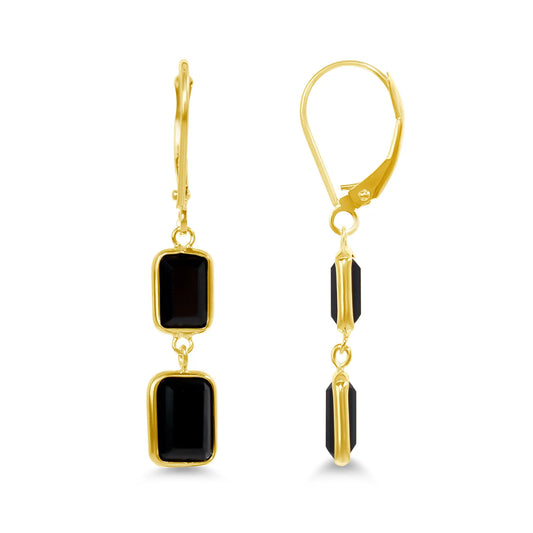 14k Yellow Gold Black Onyx Rectangel Bezel Double Link Leveback Earrings Jewelmak Shop