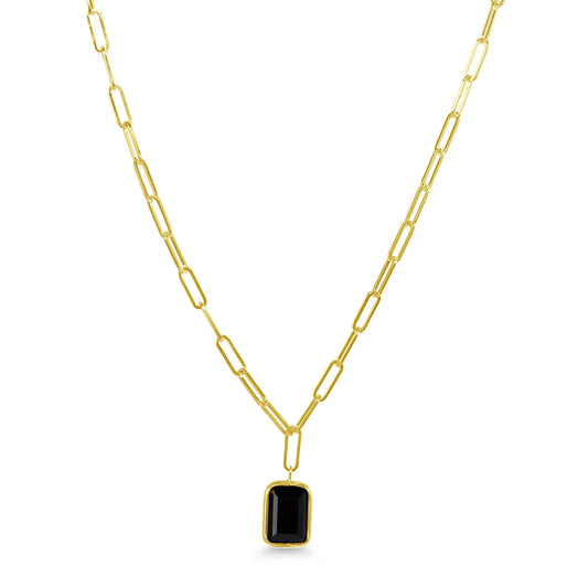 14k Yellow Gold Paperclip Chain With Black Onyx Pendant Necklace 17"/18" Jewelmak Shop