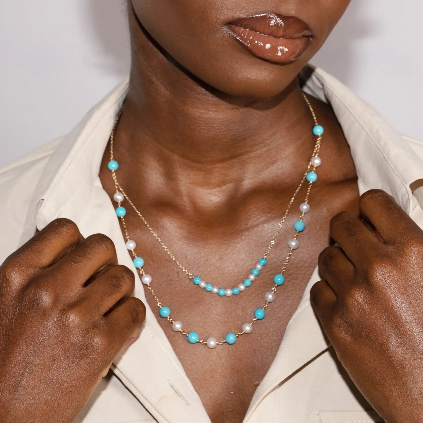 Sabriya 2 Row Turquoise & Pearl Necklace Jewelmak Shop